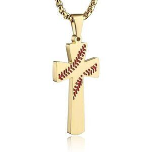 Gold Baseball Cross Pendant, STRENGTH Bible Verse Stainless Steel Necklace